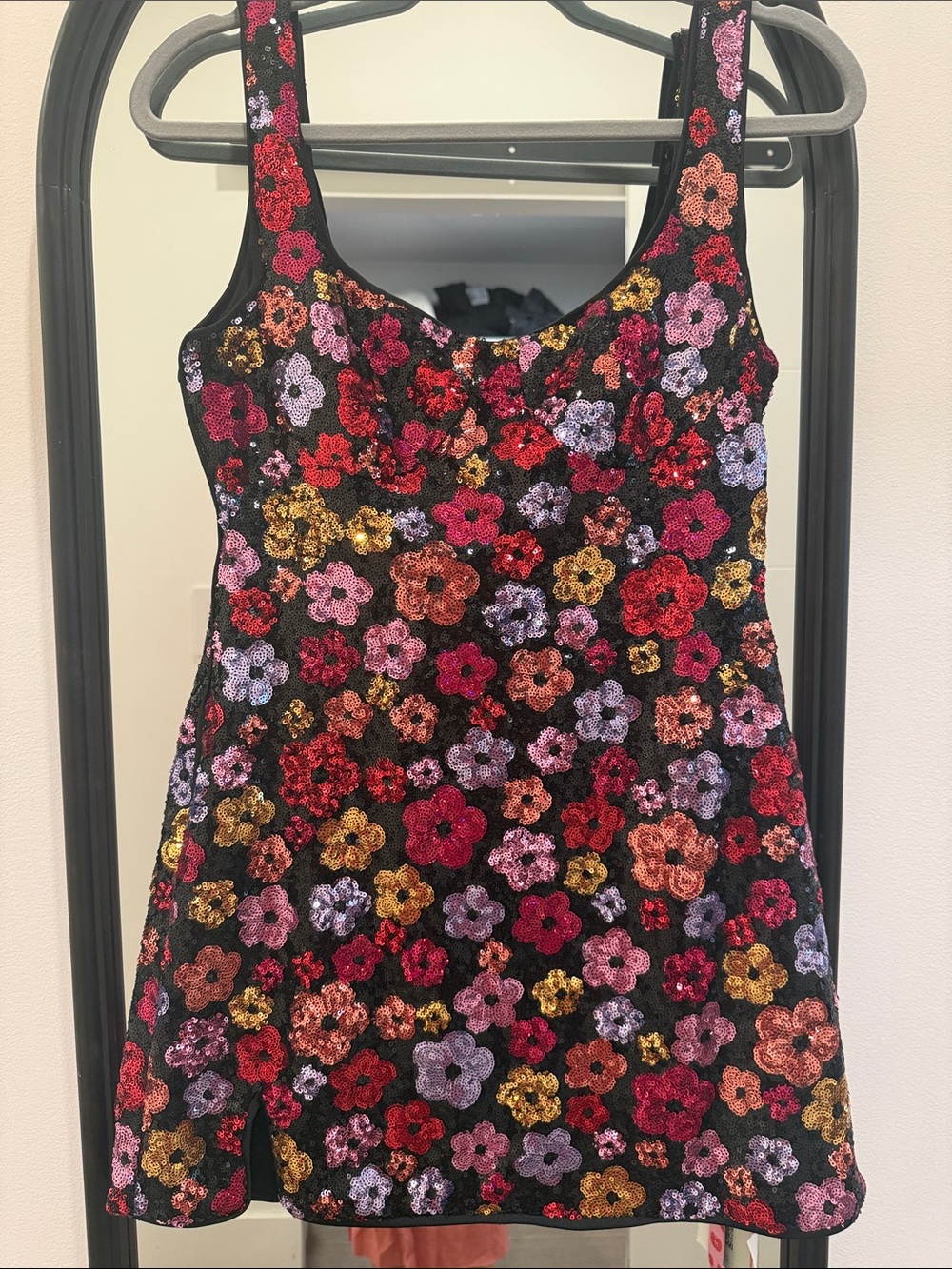 Cider Black Sequin Floral Mini Dress with Red, Pink, Purple & Gold Flowers